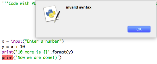 Syntax error highlights print